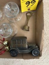 Smith Blue glass, and blue carnival glass, clear oil lamp, bells, brass Motel T die cast bank, color