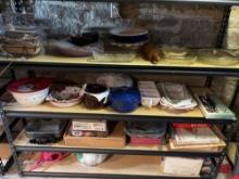 assorted dishes, Longaberger pottery, pyrex, etc