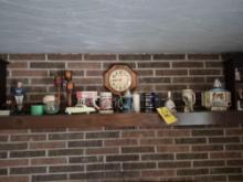 Ash Bucket & Basement Fireplace Mantle Contents - Steins, Decanters, & Small Decor