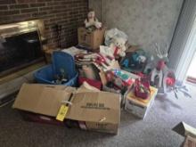 Large Assortment of Christmas Decor, Trophies, & Floor Lamp