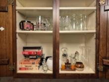 Weight Set, Golf Clubs, & Cabinet Contents - Glassware, VHS, & Small Decor