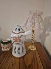 R. Galvan Pottery Pieces, Early Head Lamp, & Small Decor Assortment