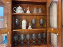 assorted glassware, martini set, sunflower candle decor, painted tea pot, bells, vase