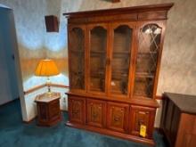 two piece china hutch, end table and lamps