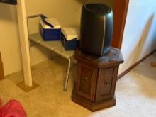 end table, ifd purifier, shower seat, lunch coolers