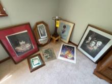 clown pictures, disney print, ballerina picture, wall mirror, lamp base, organizer, pictures