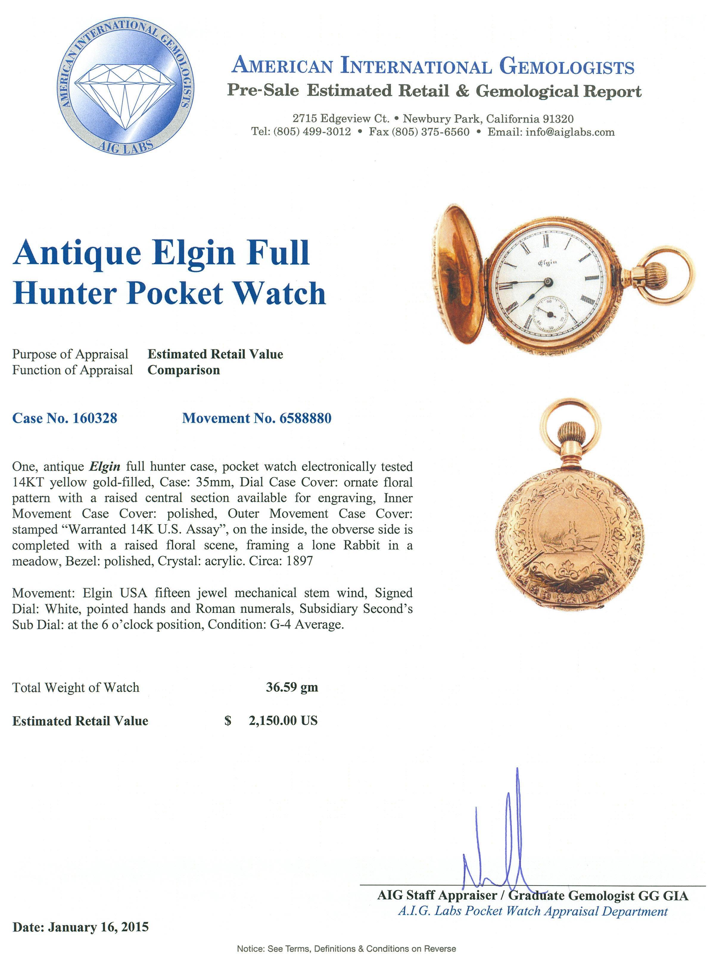 Elgin 14KT Yellow Gold Full Hunter Antique Pocket Watch