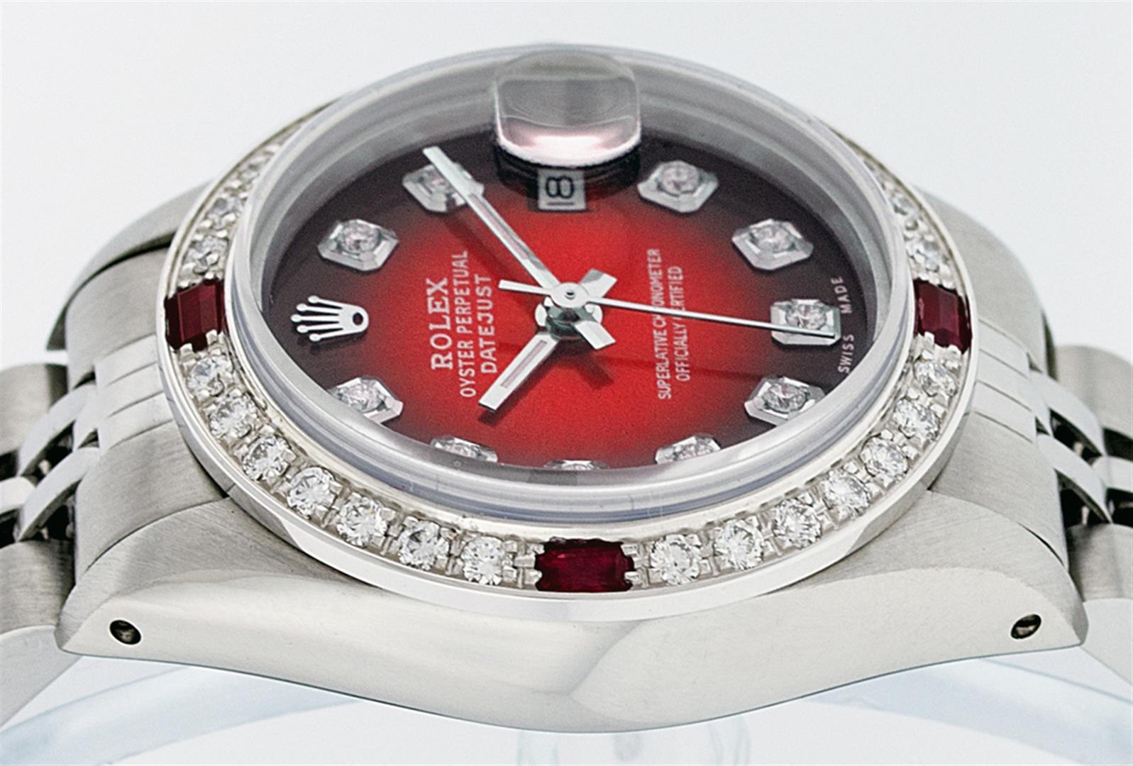 Rolex Ladies Stainless Steel Red Vignette Diamond & Ruby Datejust Wristwatch