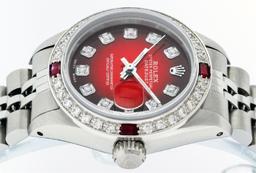 Rolex Ladies Stainless Steel Red Vignette Diamond & Ruby Datejust Wristwatch