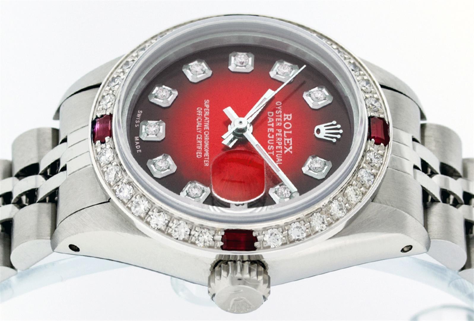 Rolex Ladies Stainless Steel Red Vignette Diamond & Ruby Datejust Wristwatch