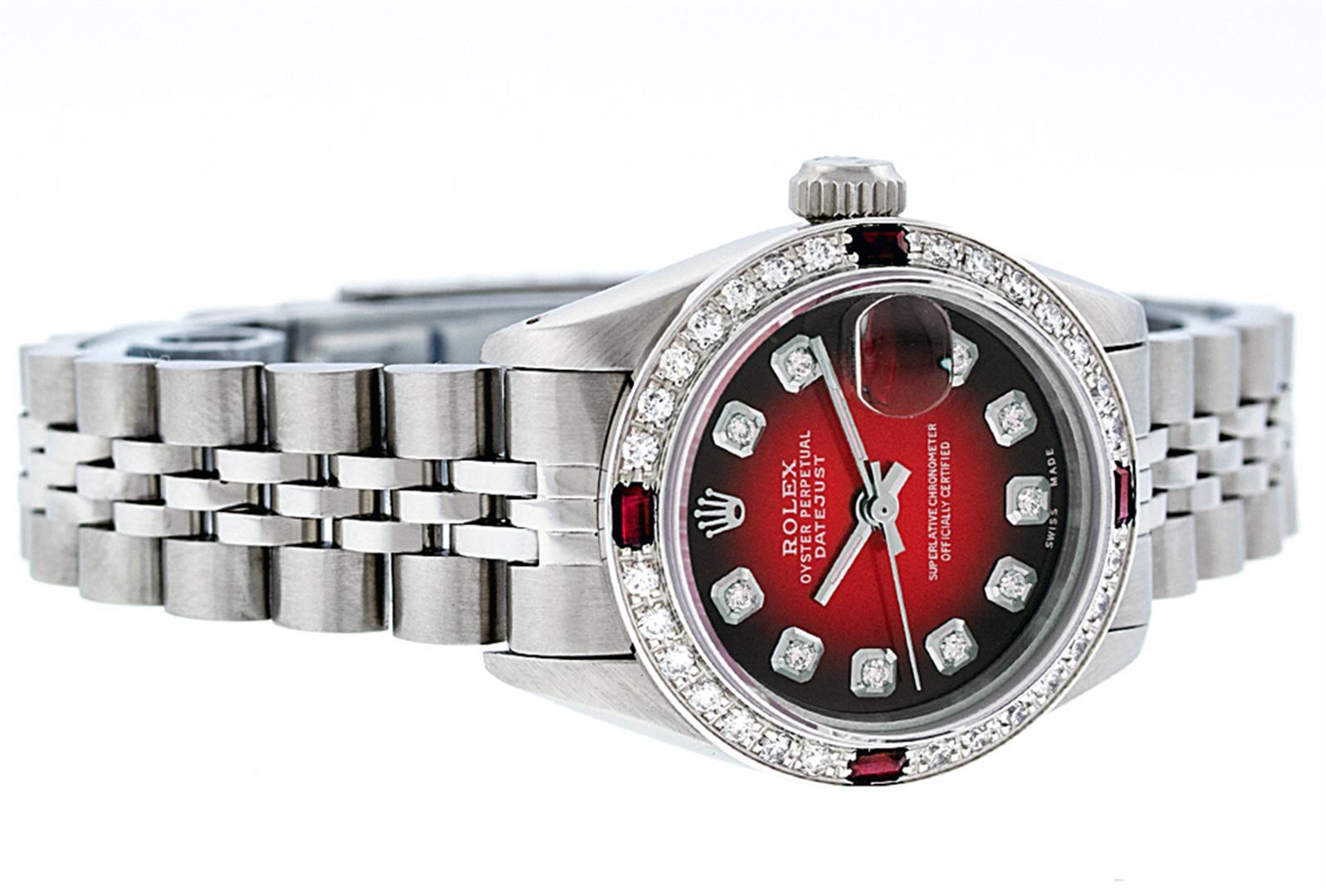 Rolex Ladies Stainless Steel Red Vignette Diamond & Ruby Datejust Wristwatch