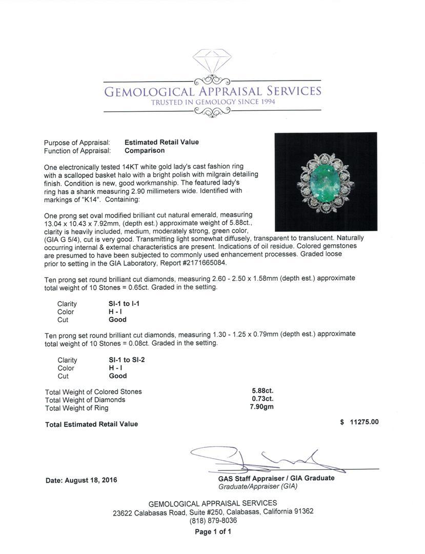 GIA Cert 5.88 ctw Emerald and Diamond Ring - 14KT White Gold