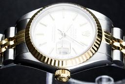 Rolex Ladies 2 Tone 14K White Index Datejust Wristwatch With Rolex Box