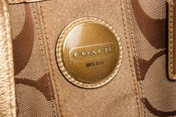 Coach Brown Monogram Canvas Gold Metallic Leather Trim Shoulder Handbag