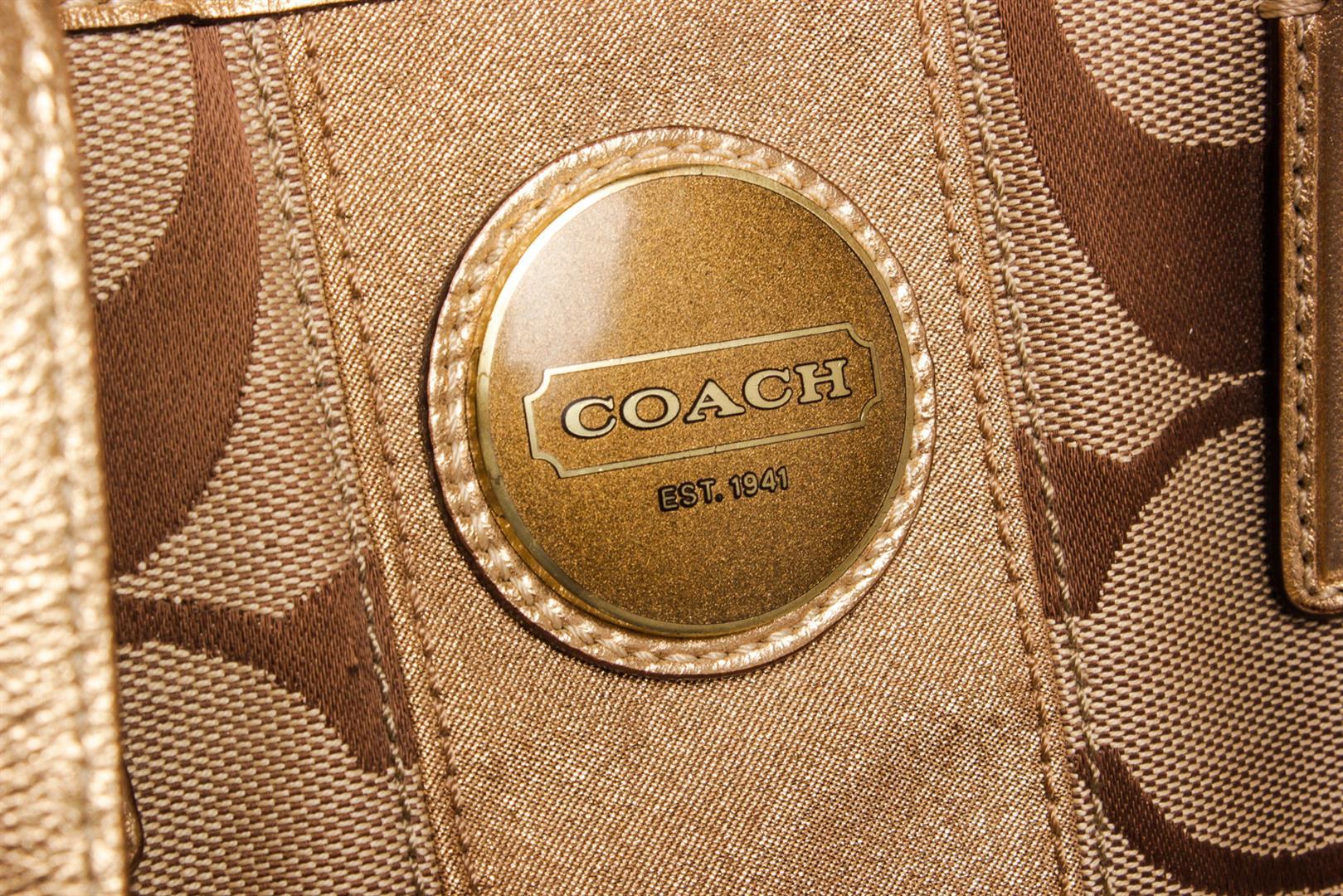 Coach Brown Monogram Canvas Gold Metallic Leather Trim Shoulder Handbag