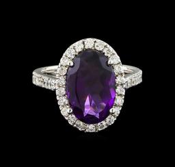 3.58 ctw Amethyst and Diamond Ring - 14KT White Gold