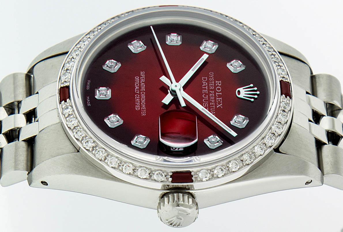 Rolex Mens Stainless Steel Red Vignette Diamond & Ruby Datejust Wristwatch