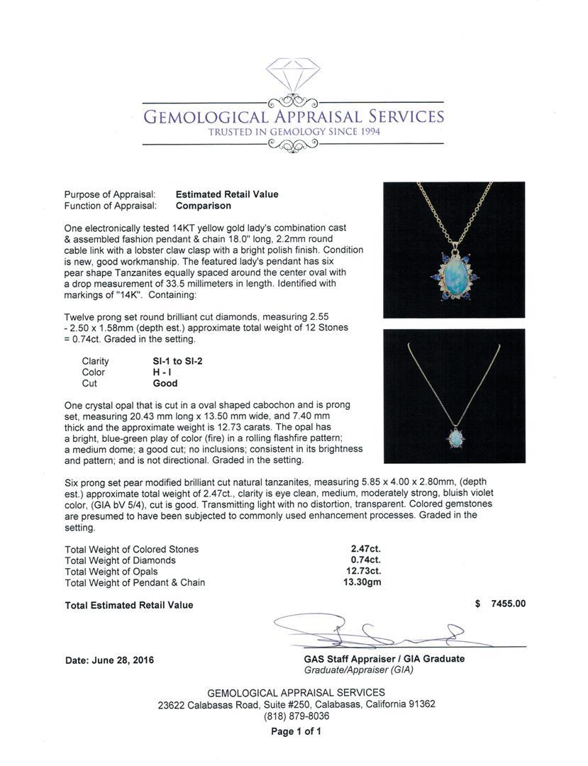 12.73 ctw Opal, Tanzanite and Diamond Pendant With Chain - 14KT Yellow Gold