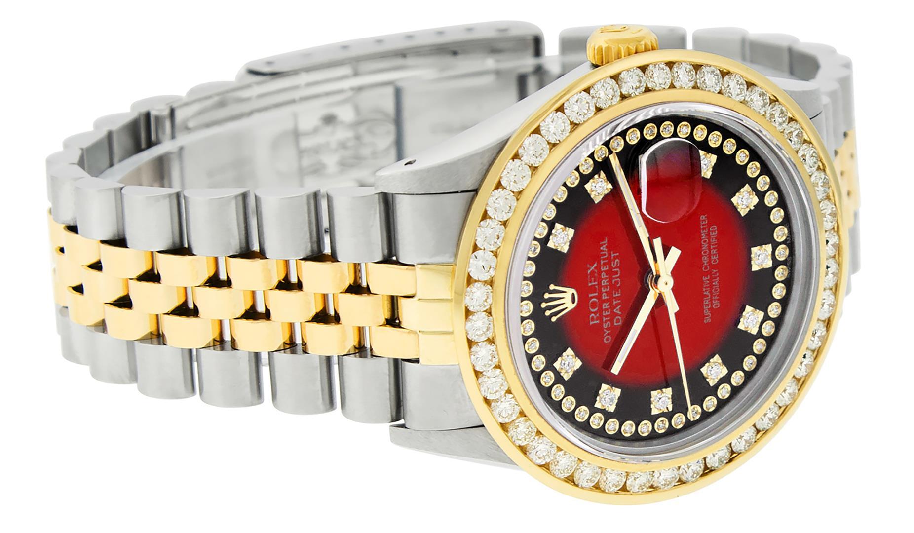 Rolex Mens 2 Tone Red Vignette String VS 3 ctw Channel Set Diamond Datejust Wris