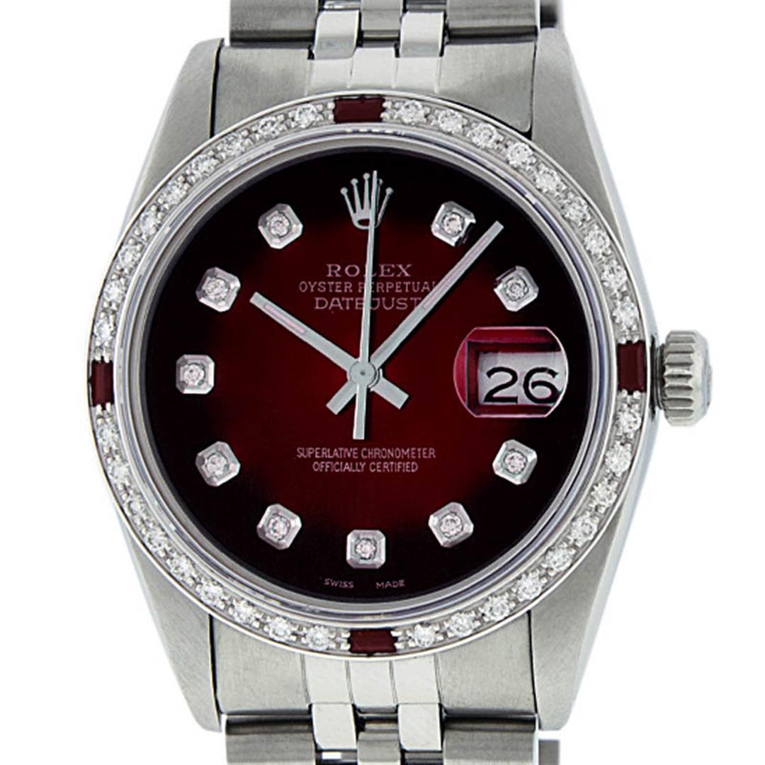 Rolex Mens Stainless Steel Red Vignette Diamond & Ruby Datejust Wristwatch