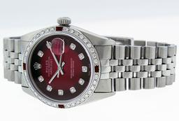Rolex Mens Stainless Steel Red Vignette Diamond & Ruby Datejust Wristwatch
