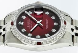 Rolex Mens Stainless Steel Red Vignette Diamond & Ruby Datejust Wristwatch