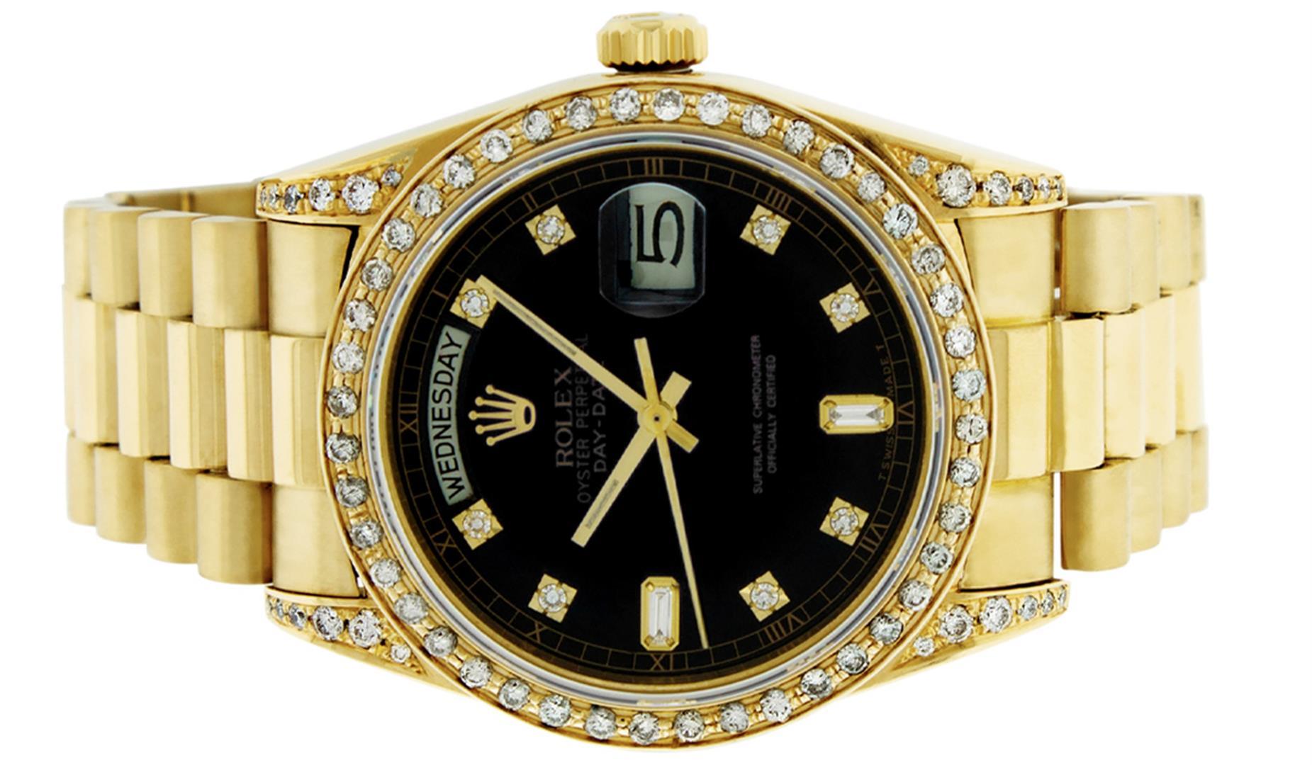 Rolex Mens 18K Yellow Black Diamond Lugs Quickset President Wristwatch With Box