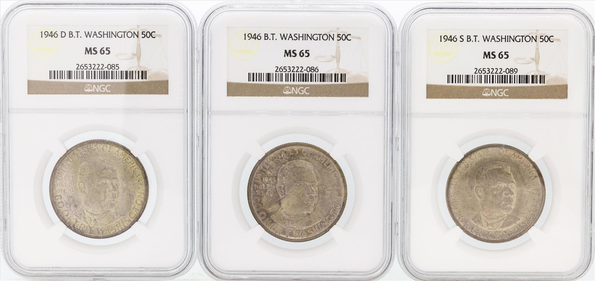 Set of (3) 1946/D/S Booker T. Washington Memorial Half Dollar Coins NGC MS65