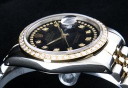 Rolex Mens 2 Tone 14K Black String VS Diamond Datejust Wristwatch
