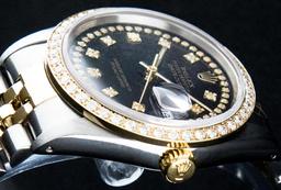 Rolex Mens 2 Tone 14K Black String VS Diamond Datejust Wristwatch