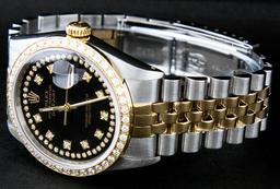 Rolex Mens 2 Tone 14K Black String VS Diamond Datejust Wristwatch