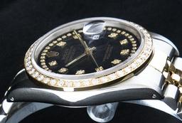 Rolex Mens 2 Tone 14K Black String VS Diamond Datejust Wristwatch