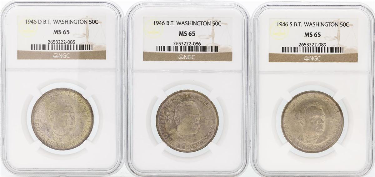 Set of (3) 1946/D/S Booker T. Washington Memorial Half Dollar Coins NGC MS65