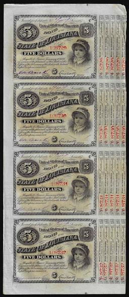 Uncut Sheet of (4) State of Louisiana Baby Bond Obsolete Notes
