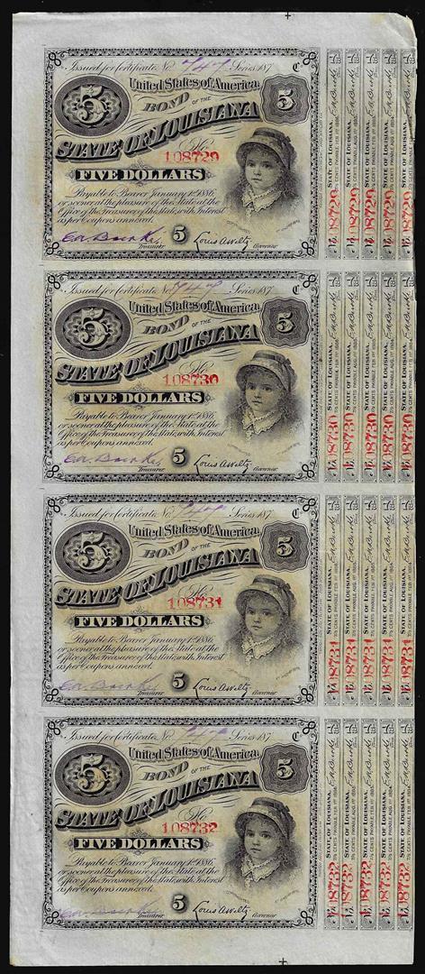 Uncut Sheet of (4) State of Louisiana Baby Bond Obsolete Notes