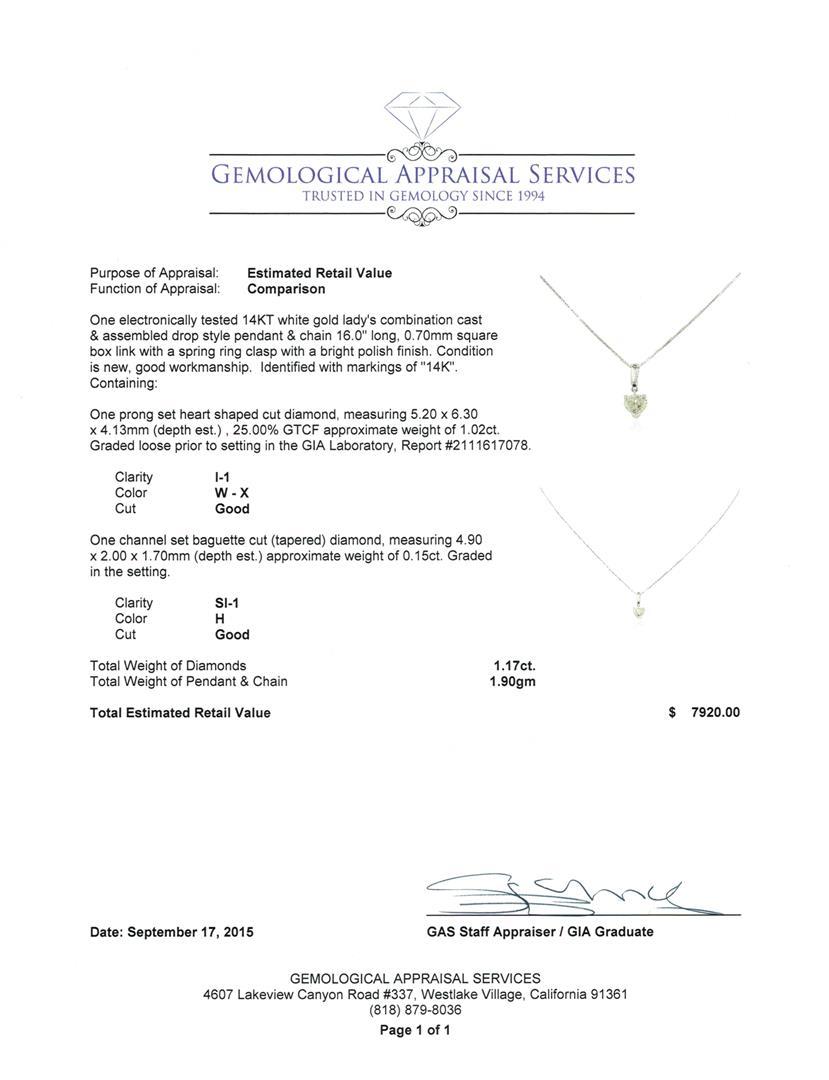GIA Cert 1.17 ctw Diamond Pendant With Chain - 14KT White Gold