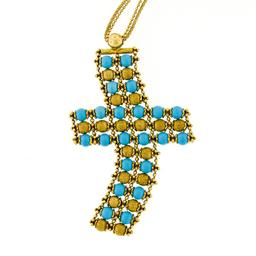 18k Yellow Gold  Flexible Movable Turquoise Bead Cross Pendant Chain