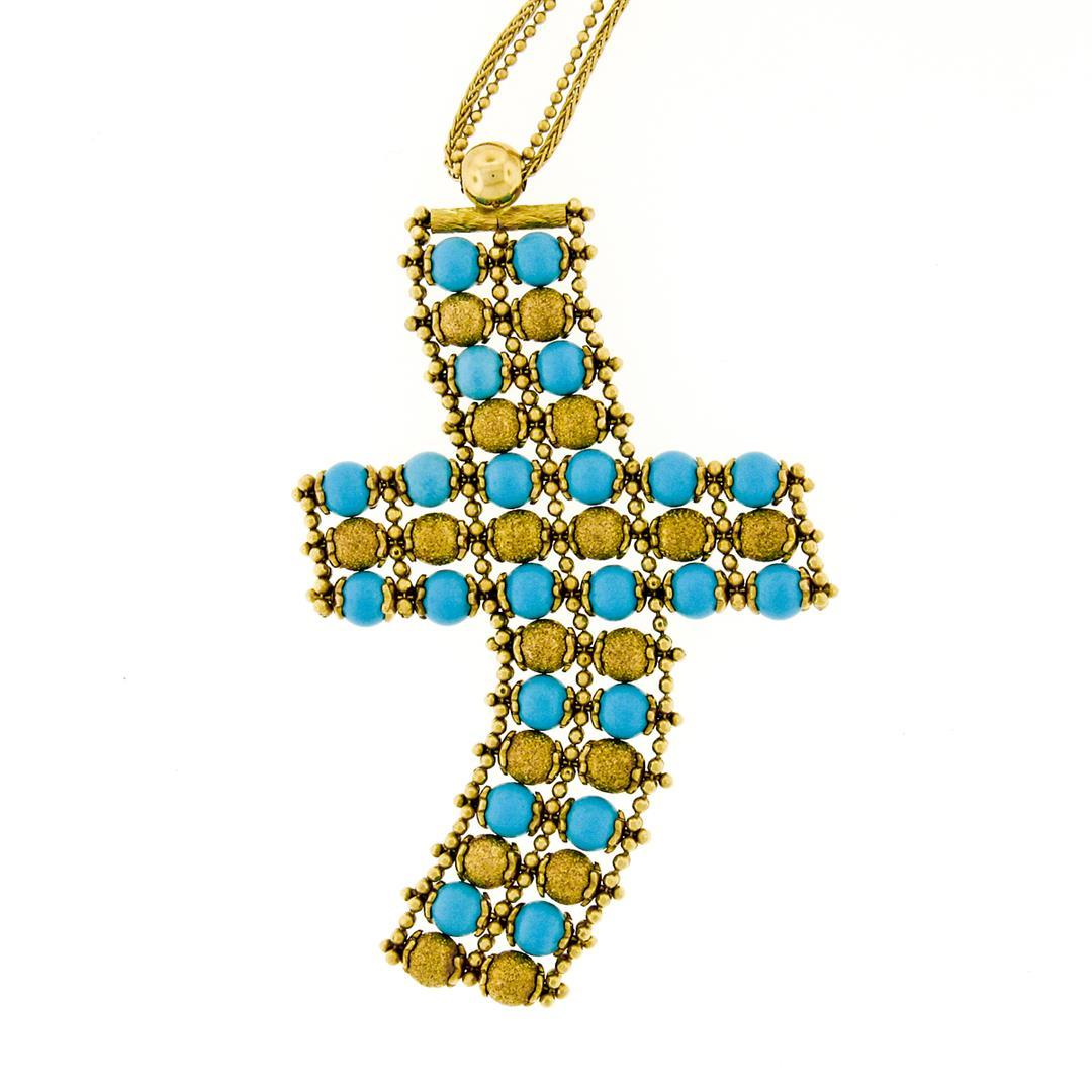 18k Yellow Gold  Flexible Movable Turquoise Bead Cross Pendant Chain