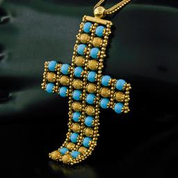 18k Yellow Gold  Flexible Movable Turquoise Bead Cross Pendant Chain