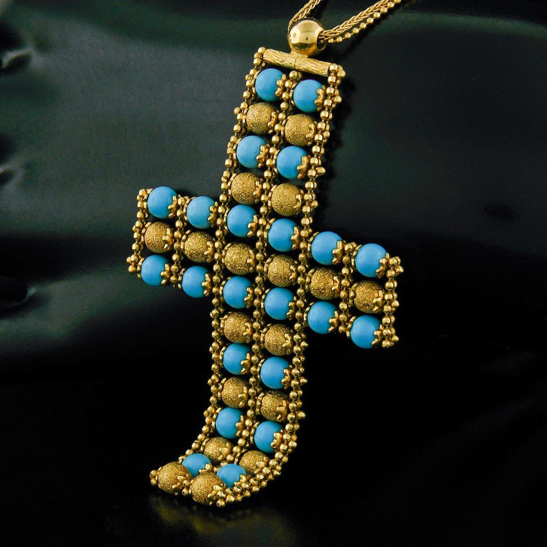 18k Yellow Gold  Flexible Movable Turquoise Bead Cross Pendant Chain