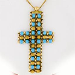 18k Yellow Gold  Flexible Movable Turquoise Bead Cross Pendant Chain