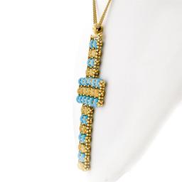 18k Yellow Gold  Flexible Movable Turquoise Bead Cross Pendant Chain