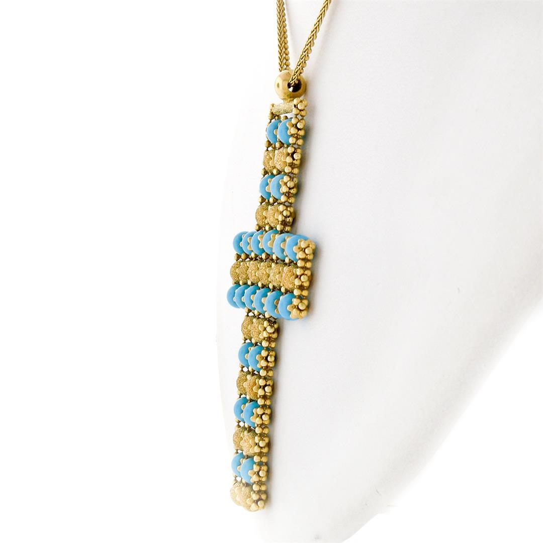 18k Yellow Gold  Flexible Movable Turquoise Bead Cross Pendant Chain