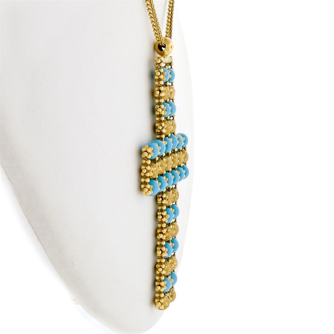 18k Yellow Gold  Flexible Movable Turquoise Bead Cross Pendant Chain