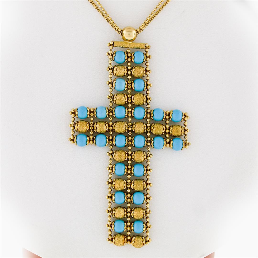 18k Yellow Gold  Flexible Movable Turquoise Bead Cross Pendant Chain