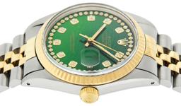 Rolex Mens 2 Tone 14K Green String Diamond 36MM Datejust Wristwatch
