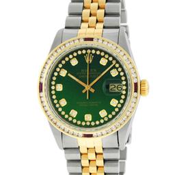 Rolex Mens 2 Tone 14K Green String Diamond & Ruby Diamond Datejust Wristwatch