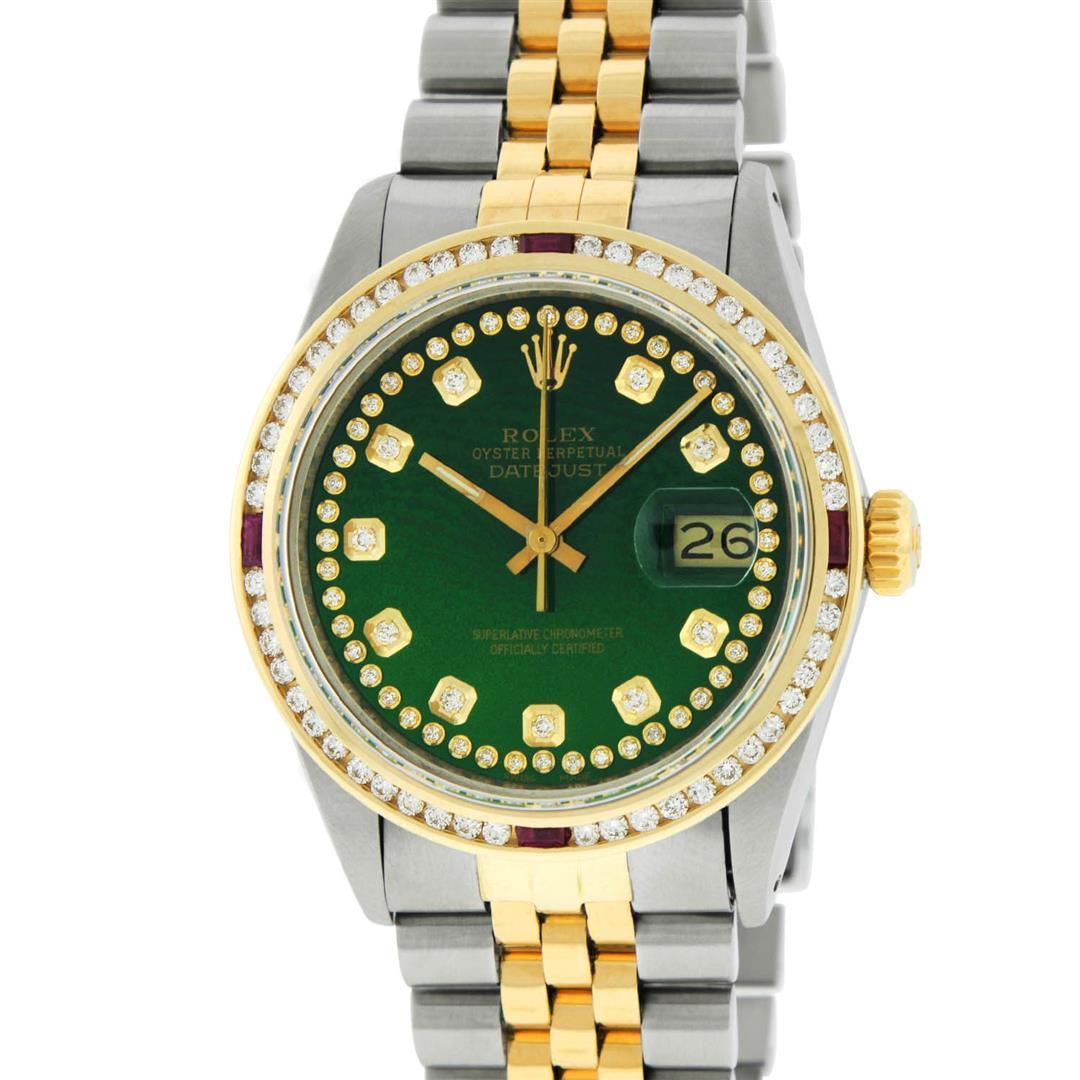 Rolex Mens 2 Tone 14K Green String Diamond & Ruby Diamond Datejust Wristwatch