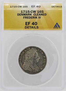 1715 Denmark Frederik IV 16 Skilling Coin ANACS XF40 Details