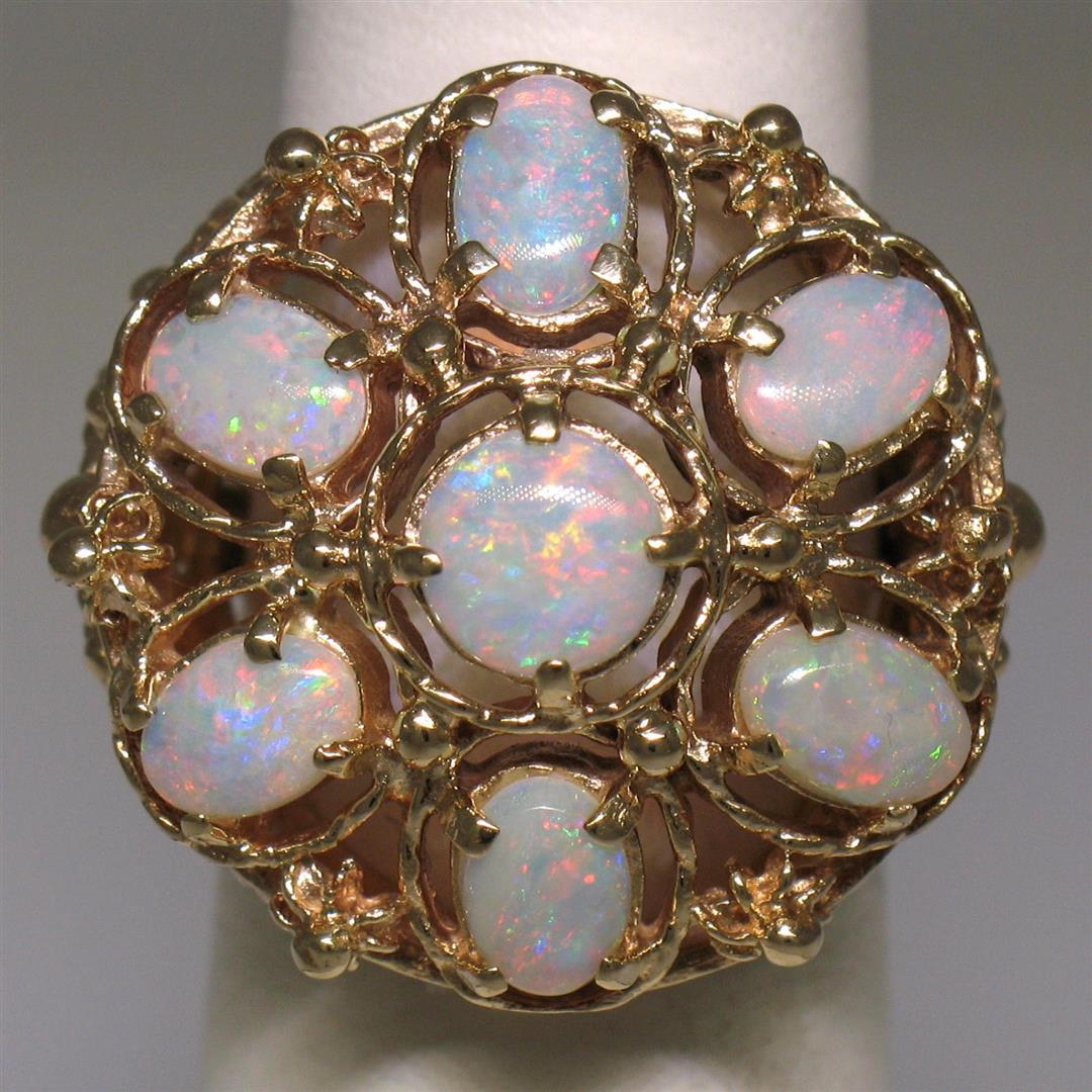 14k Yellow Gold 2.25 ctw Large Beaded Round & Oval Opal Open Work Cocktail Ring